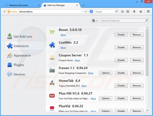 Verwijder de fabulousdiscounts advertenties uit Mozilla Firefox stap 2