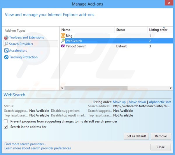 Verwijder websearch.fastosearch.info als standaard zoekmachine in Internet Explorer