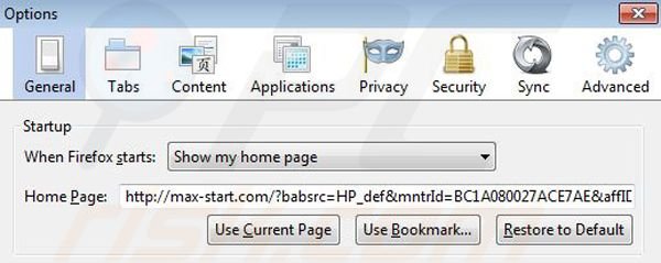 Verwijder Max-start.com als startpagina in Mozilla Firefox