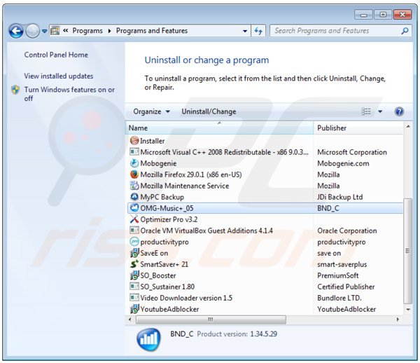 omg music adware verwijdering via het Controle Paneel