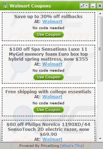 pricegong adware genereert coupon advertenties