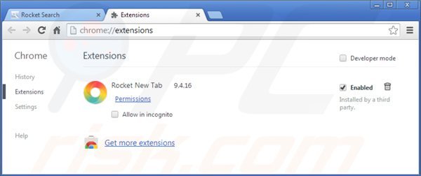 Verwijder aan rocket-find.com gerelateerde add-ons uit Google Chrome