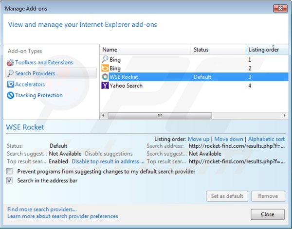 Verwijder rocket-find.com als standaard zoekmachine in Internet Explorer