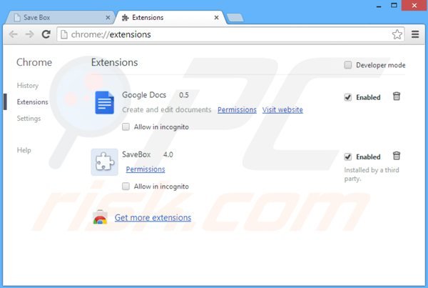 Verwijder savebox uit Google Chrome stap 2