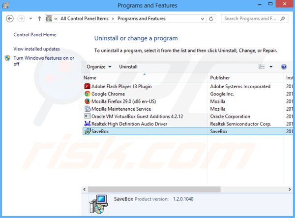savebox adware verwijdering via het Controle Paneel