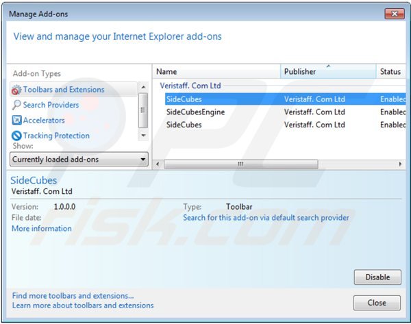 Verwijder aan search.sidecubes.com gerelateerde Internet Explorer extensies
