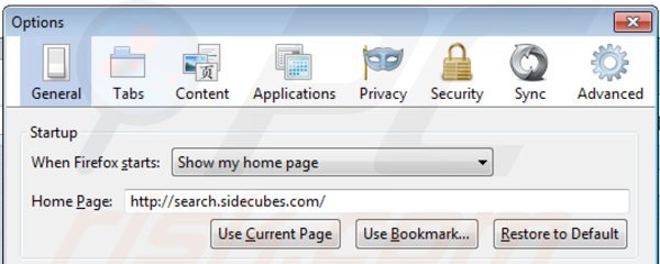 Verwijder search.sidecubes.com als startpagina in Mozilla Firefox