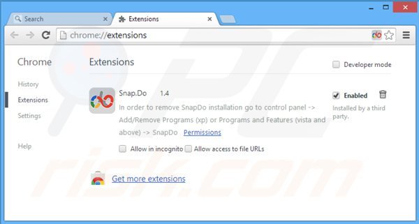 Verwijder aan snapdo.com gerelateerde Google Chrome extensies
