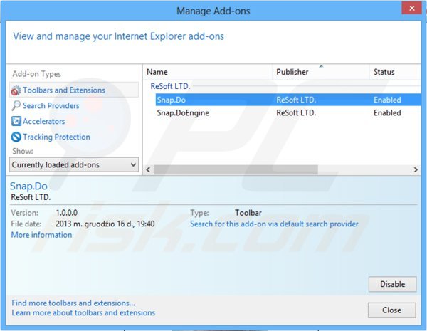 Verwijder aan snapdo.com gerelateerde Internet Explorer extensies