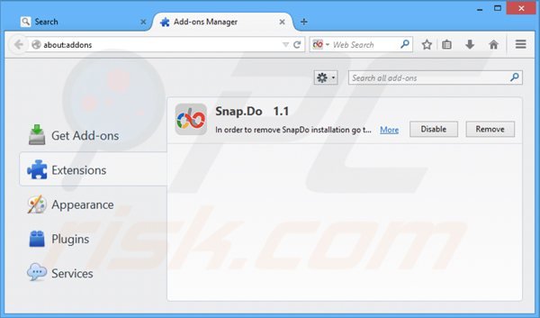 Verwijder aan snapdo.com gerelateerde Mozilla Firefox extensies