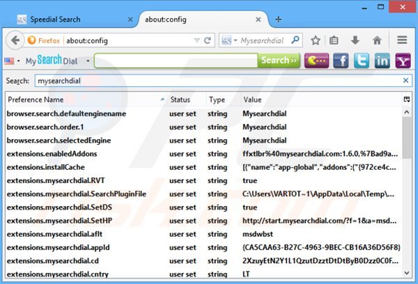 Verwijder speedial.com als standaard zoekmachine in Mozilla Firefox