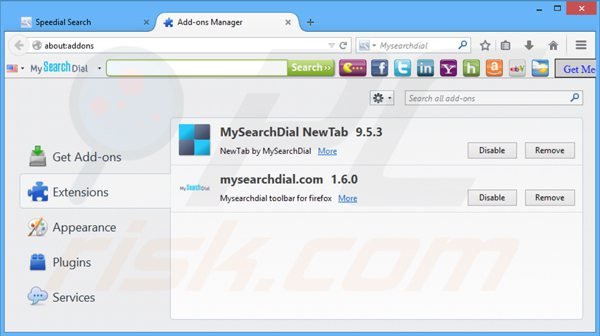 Verwijder aan speedial.com gerelateerde Mozilla Firefox extensies