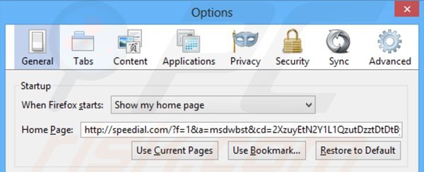 Verwijder speedial.com als startpagina in Mozilla Firefox