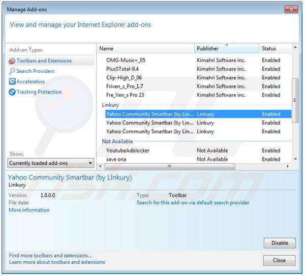 Verwijder de yahoo community smartbar uit de Internet Explorer extensies