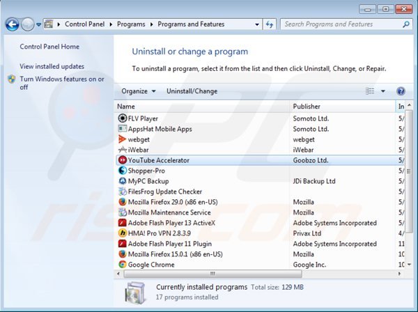 youtube accelerator verwijdering via het Controle Paneel