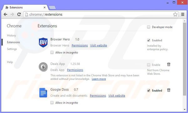 Verwijder de Browser Hero advertenties uit Google Chrome stap 2