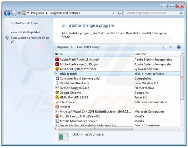 clicknmark adware verwijdering via het Controle Paneel
