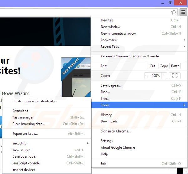 Verwijder Movie Wizard uit Google Chrome stap 1