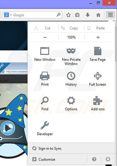 Verwijder Movie Wizard uit Mozilla Firefox stap 1