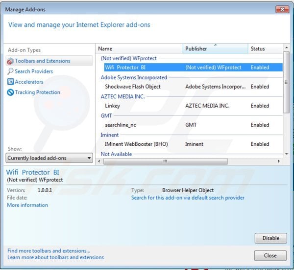 Removing wifi protector ads from Internet Explorer step 2