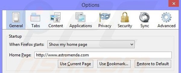 Verwijder de Astromenda browser hijacker uit Mozilla Firefox stap 2