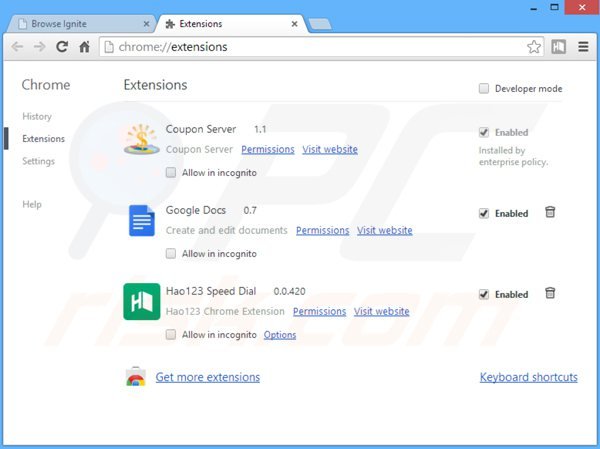 Verwijder browseignite advertenties uit Google Chrome stap 2