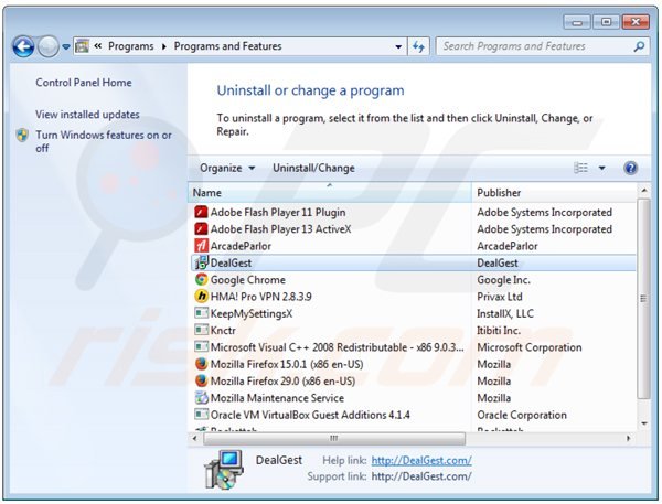dealgest adware verwijdering via het Controle Paneel