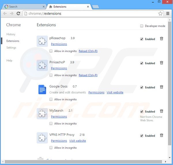 Verwijder aan websearch.flyandsearch.info gerelateerde Google Chrome extensies