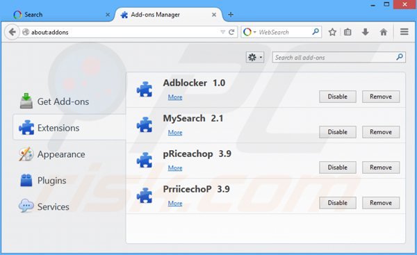 Verwijder aan websearch.flyandsearch.info gerelateerde Mozilla Firefox extensies
