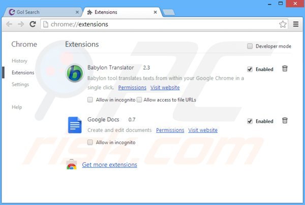 Verwijder de golsearch werkbalk uit de Google Chrome extensies