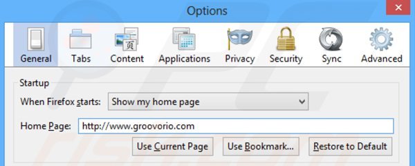 Verwijder groovorio.com als startpagina in Mozilla Firefox