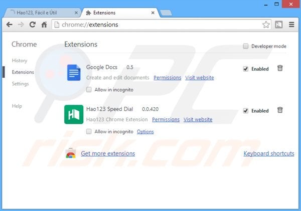 Verwijder aan hao123.com gerelateerde Google Chrome extensies