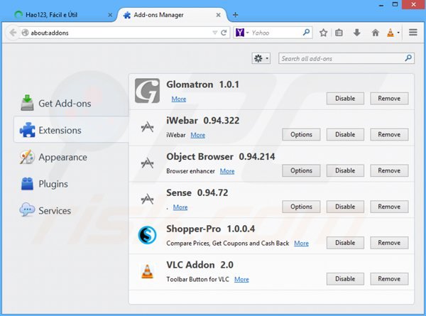 Verwijder aan hao123.com gerelateerde Mozilla Firefox extensies
