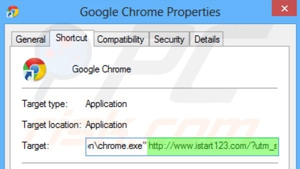 Verwijder istart123.com als doel van de Google Chrome snelkoppeling stap 2