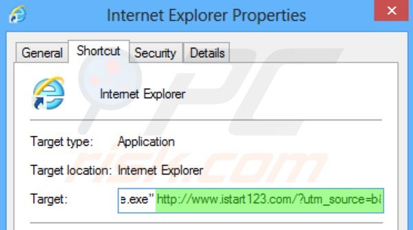 Verwijder istart123.com als doel van de Internet Explorer snelkoppeling stap 2