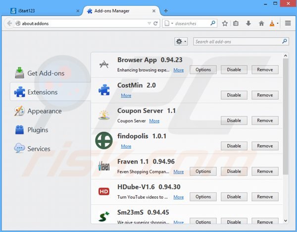Verwijder aan istart123.com gerelateerde Mozilla Firefox extensies