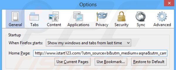 Verwijder istart123.com als startpagina in Mozilla Firefox