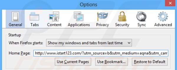 Verwijder istart123.com als startpagina in Mozilla Firefox