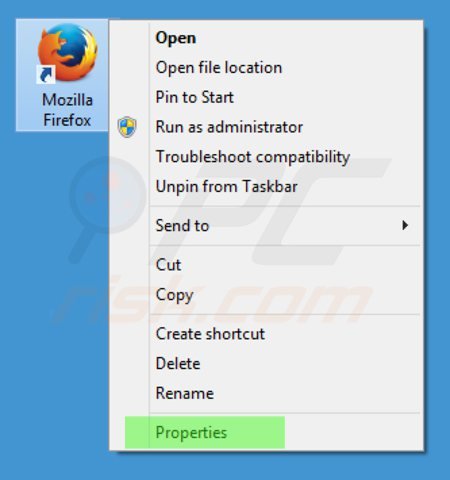Verwijder istart123.com als doel van de Mozilla Firefox snelkoppeling stap 1
