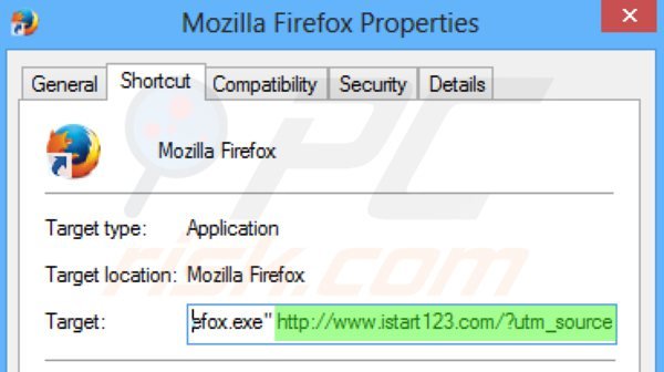 Verwijder istart123.com als doel van de Mozilla Firefox snelkoppeling stap 2