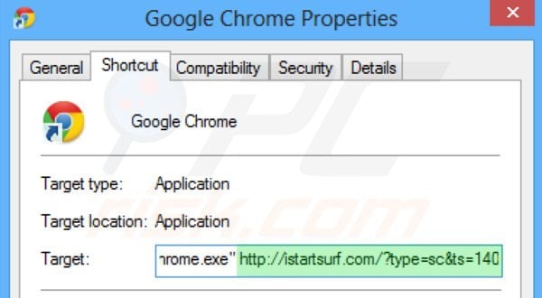 Verwijder istartsurf.com als doel van de Google Chrome snelkoppeling stap 2