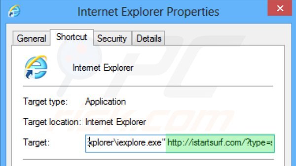 Verwijder istartsurf.com als doel van de Internet Explorer snelkoppeling stap 2