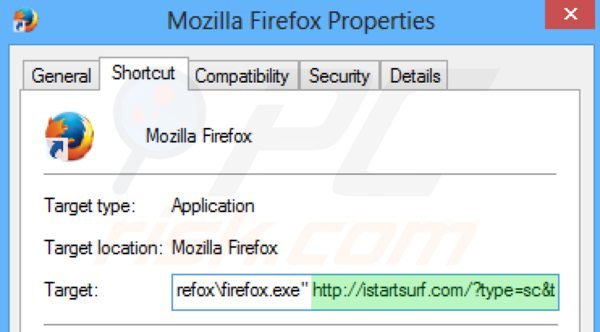 Verwijder istartsurf.com als doel van de Mozilla Firefox snelkoppeling stap 2