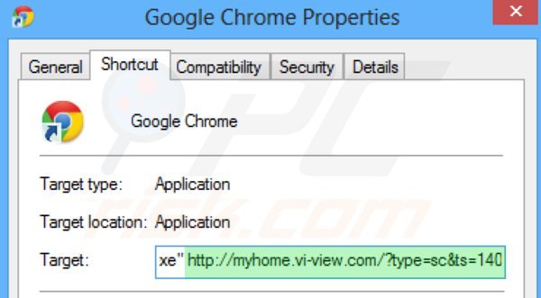 Verwijder myhome.vi-view.com als doel van de Google Chrome snelkoppeling stap 2