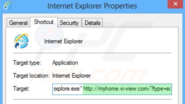 Verwijder myhome.vi-view.com als doel van de Internet Explorer snelkoppeling stap 2