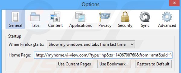 Verwijder myhome.vi-view.com als startpagina in Mozilla Firefox