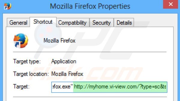Verwijder myhome.vi-view.com als doel van de Mozilla Firefox snelkoppeling stap 2