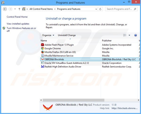 obrona blockads adware verwijdering via het Controle Paneel
