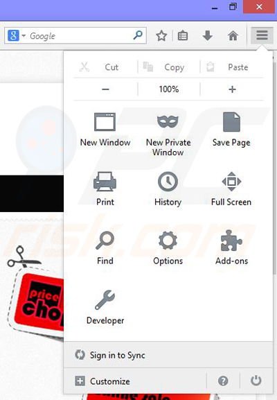 Verwijder de PriceChop advertenties uit Mozilla Firefox stap 1