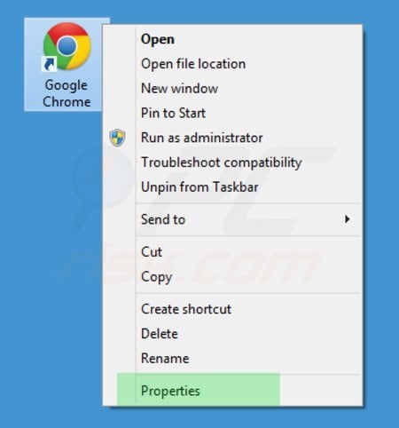 Verwijder searches.vi-view.com als doel van de Google Chrome snelkoppeling stap 1